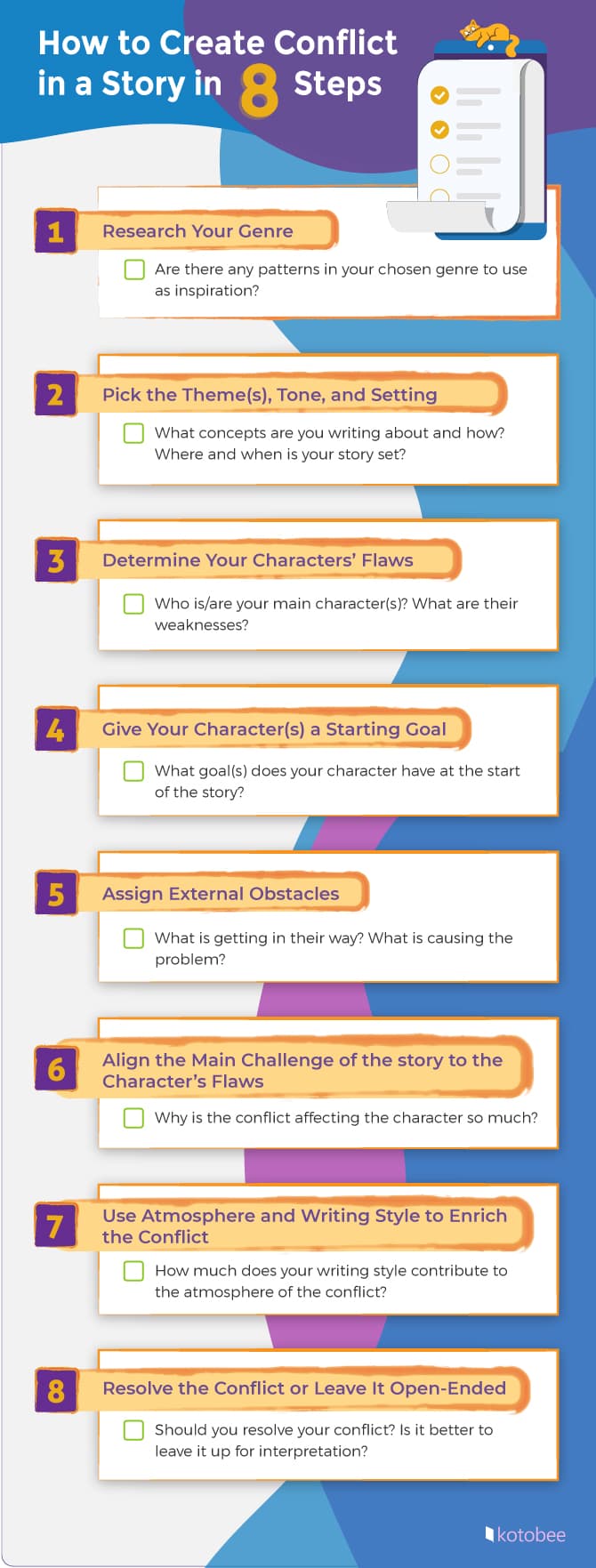 Checklist infographic on the steps of creating conflict in a story