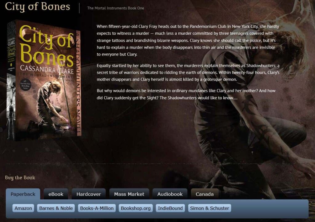 Cassandra Clare's landing page for her book, City of Bones.