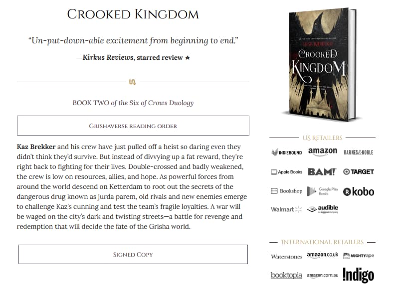 Leigh Bardugo's landing page for her book, Crooked Kingdom.
