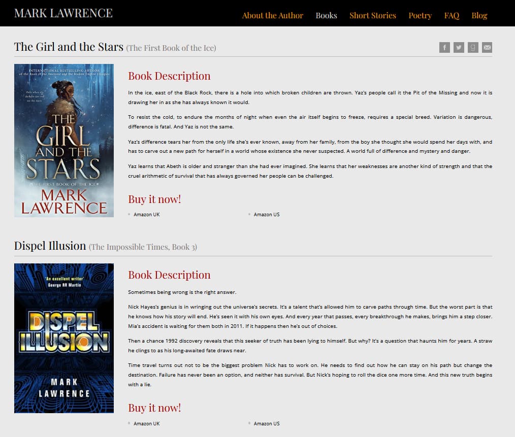Mark Lawrence's landing page, which contains several books. Two of those, The Girl and the Stars and Dispel Illusion, are shown in the screenshot.