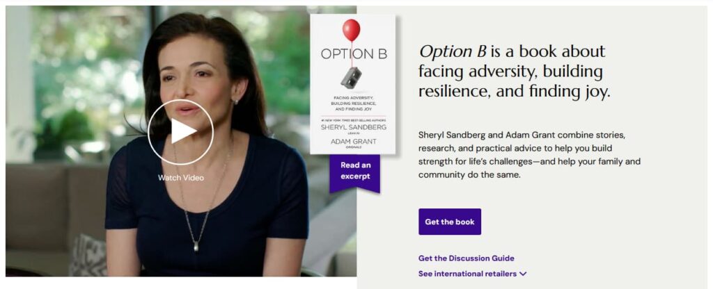 Sheryl Sandberg and Adam Grant's landing page for the book Option B: Facing Adversity, Building Resilience, and Finding Joy.