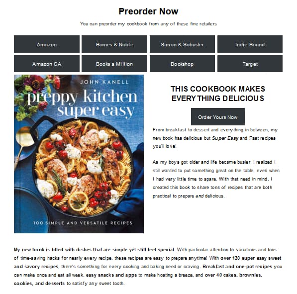 John Kanell's landing page for his cookbook, Preppy Kitchen Super Easy.