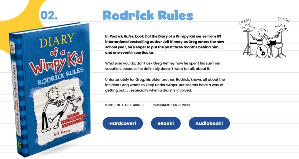 Jeff Kinney's landing page for his book, Diary of a Wimpy Kid: Rodrick Rules.