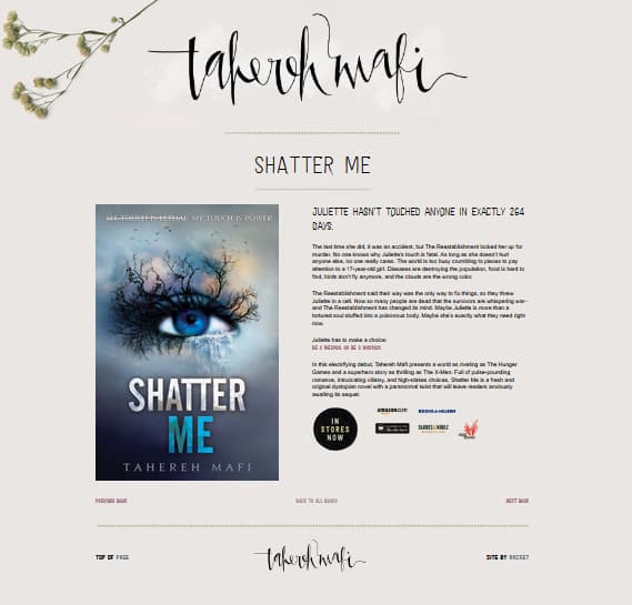 Tahereh Mafi's landing page for her book, Shatter Me.