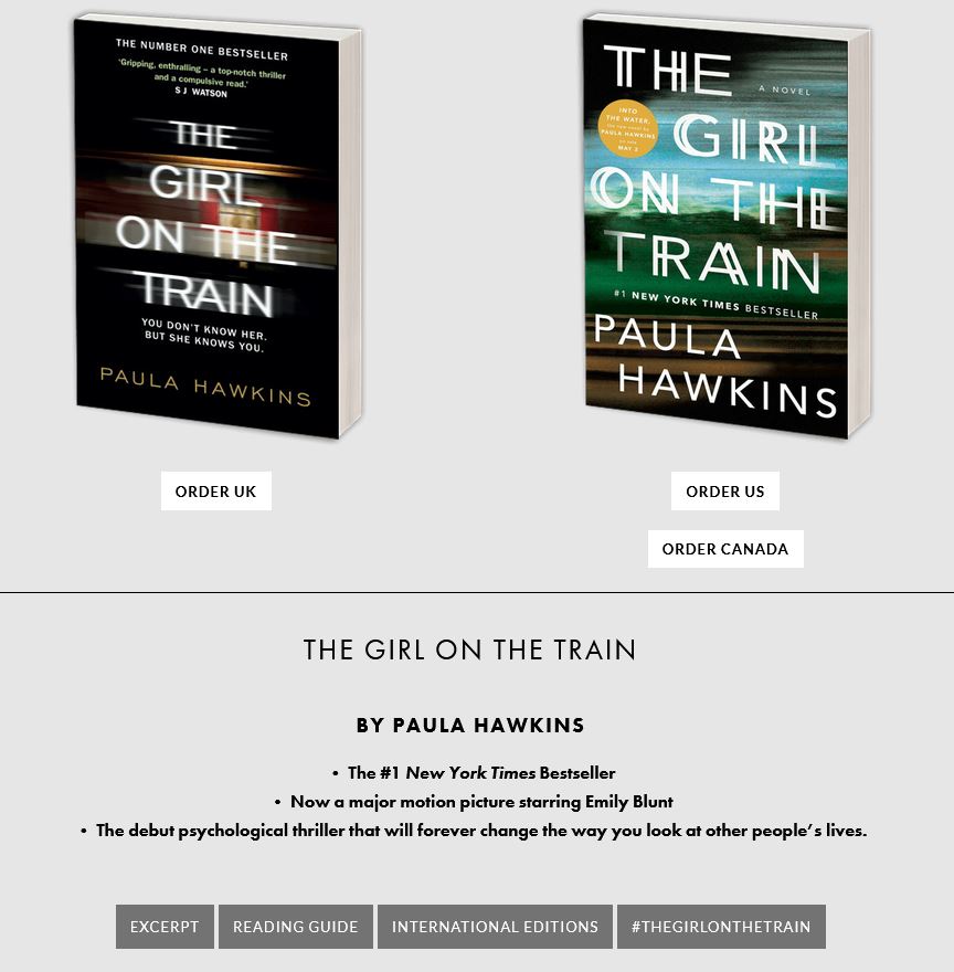 Paula Hawkins' landing page for her book, The Girl on the Train.
