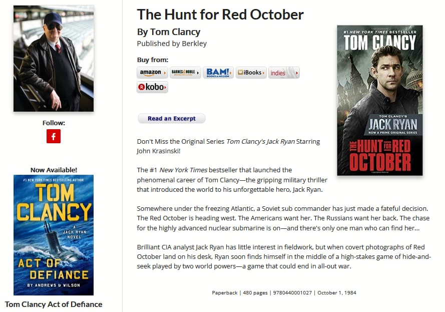 Tom Clancy's landing page for his book, The Hunt for Red October.