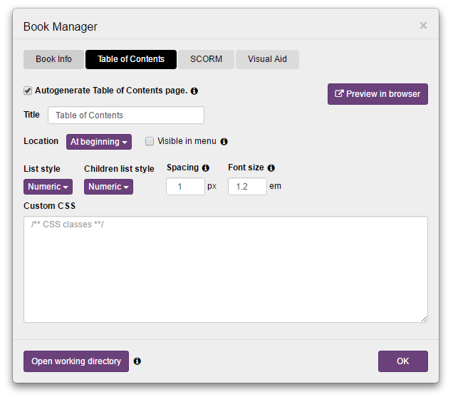 autogenerated table of contents in Kotobee Author