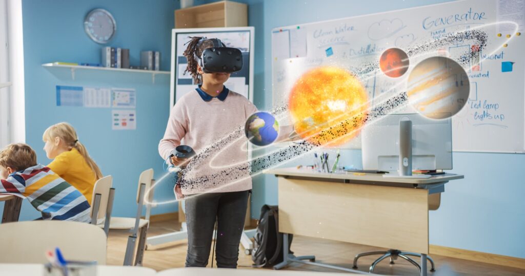 A little girl studying a solar system model via virtual reality in education.