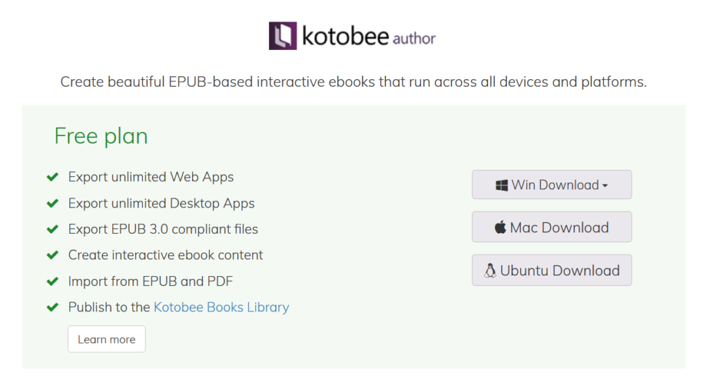 Kotobee Author free plan.