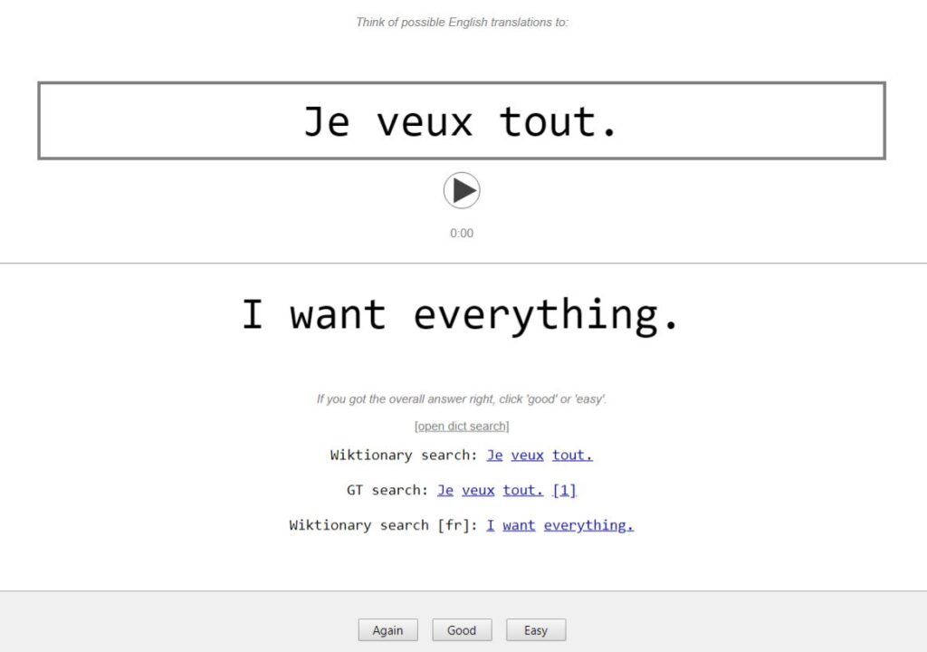 Anki desktop app displaying a flashcard with a French sentence and its translation.