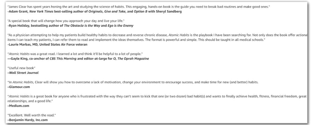 Editorial review example: Atomic Habits 