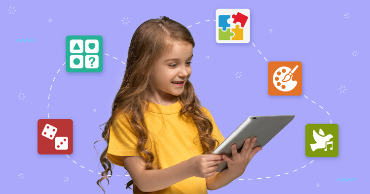 a little girl smiling at her tablet, with 5 ebook mini-apps icons floating around her against a blueish violet background.