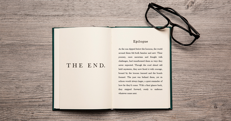 An open book displaying how to write an epilogue, with the words "THE END" on one page and the epilogue on the other.