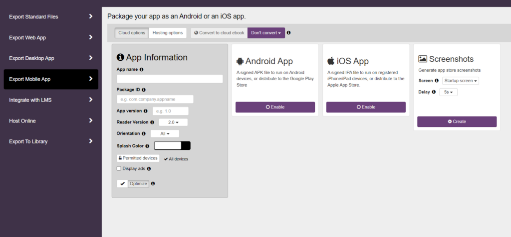 Kotobee Author mobile app export options.