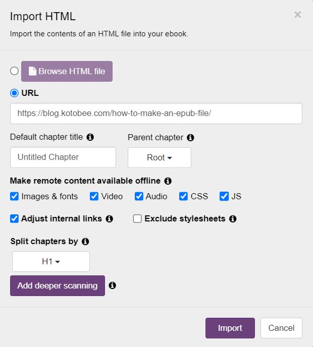 Import HTML window in Kotobee Author.