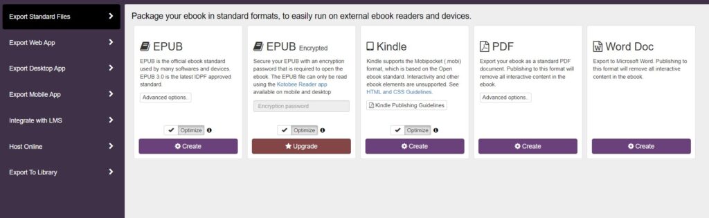 Kotobee Author ebook export options.