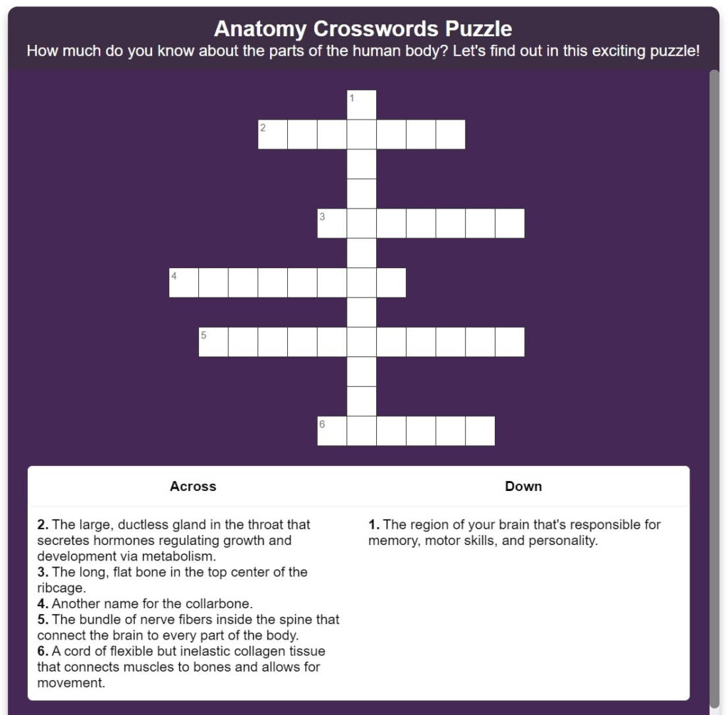 Anatomy crossword puzzle in Kotobee Author.