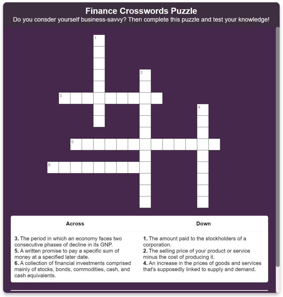 Finance crossword puzzle in Kotobee Author.