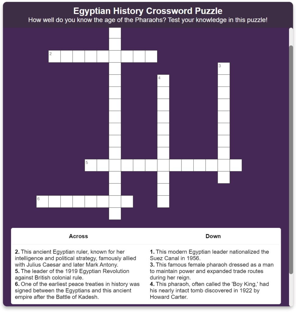 History crossword puzzle in Kotobee Author.