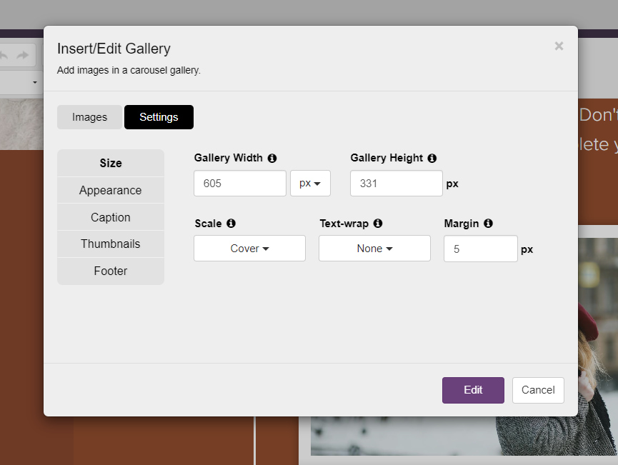 Image gallery settings where you can adjust the size of the gallery.