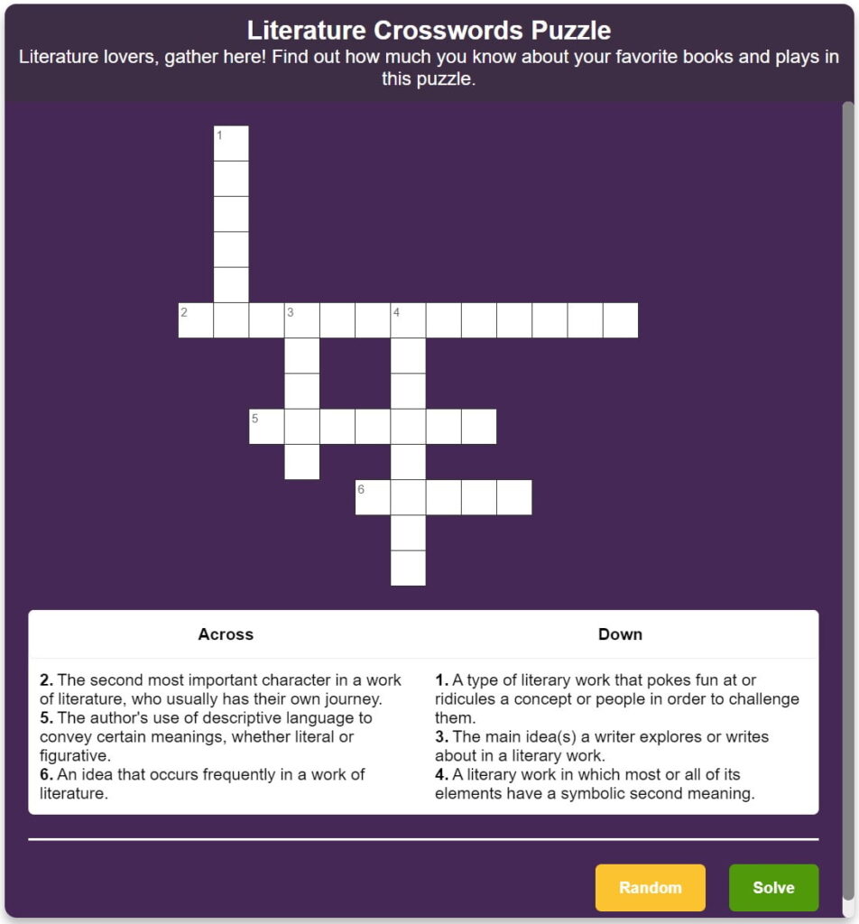 Literature crossword puzzle in Kotobee Author.