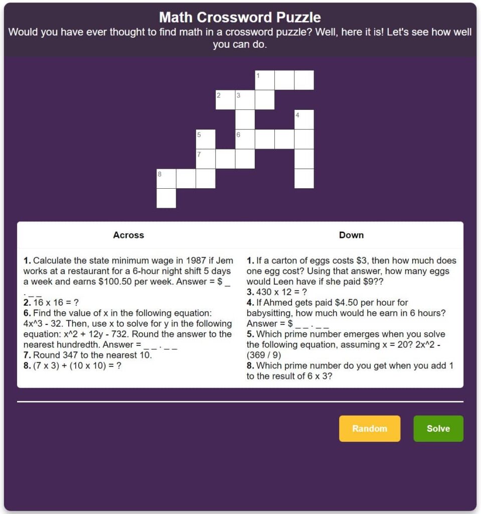 Math crossword puzzle in Kotobee Author.