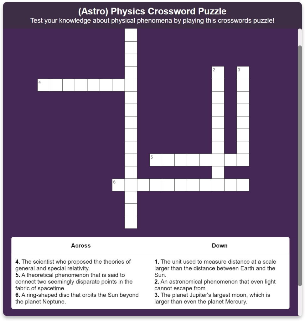 Astrophysics crossword puzzle in Kotobee Author.