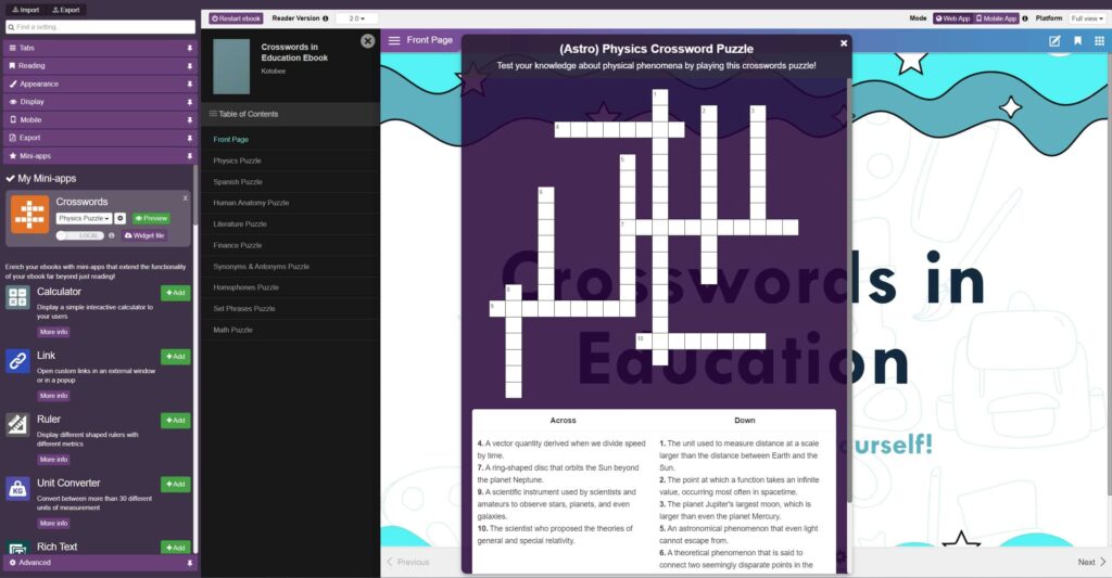 A preview of the Astrophysics crossword puzzle mini-app in Kotobee Author.