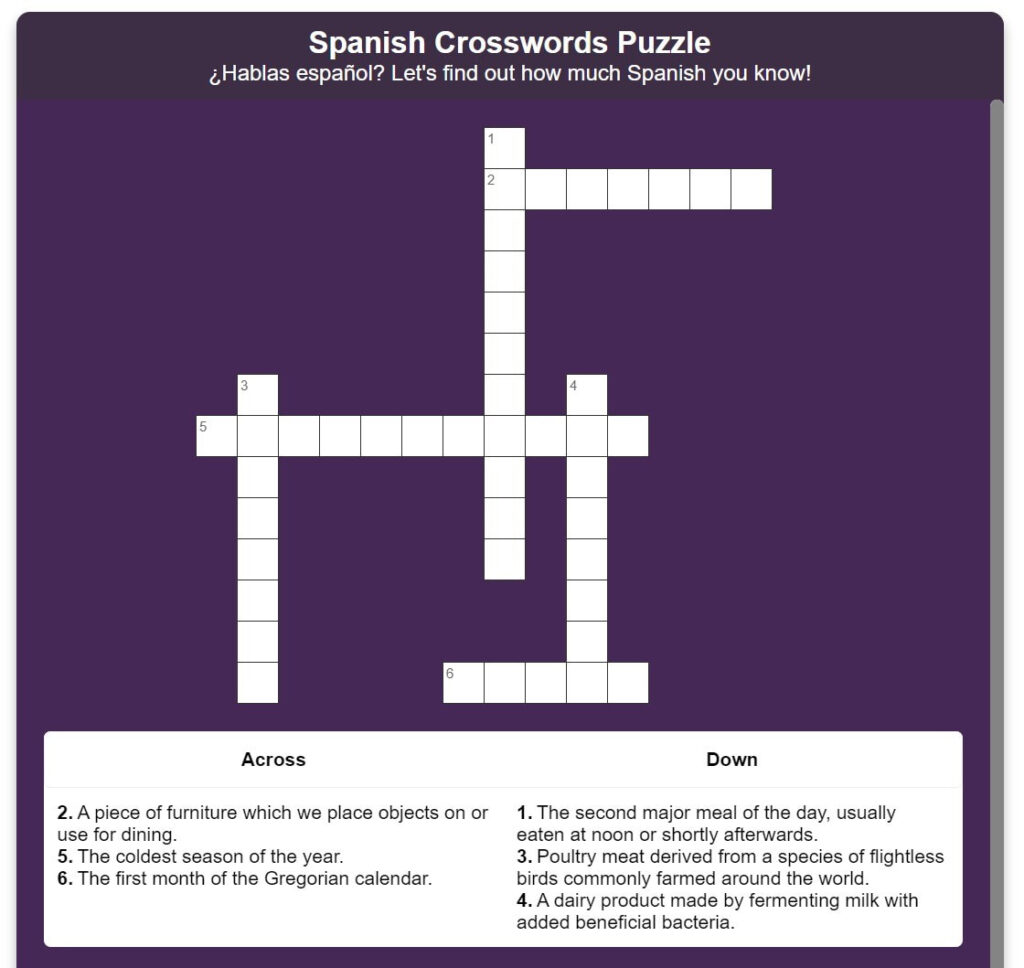 Spanish crossword puzzle in Kotobee Author.