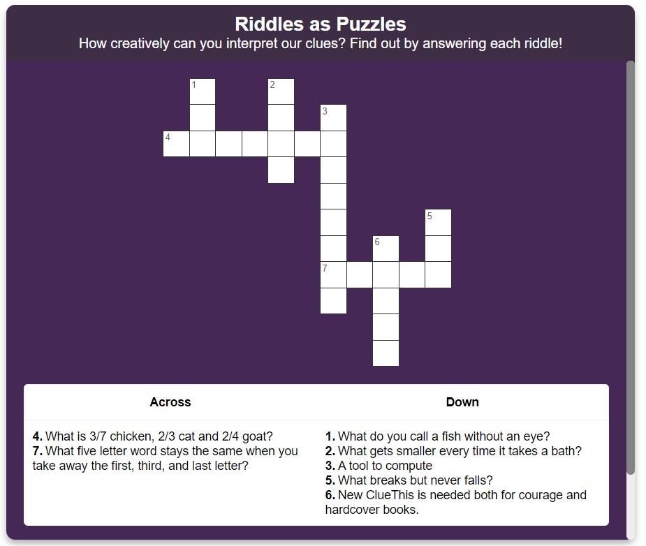 Riddles as crossword puzzles in Kotobee Author.