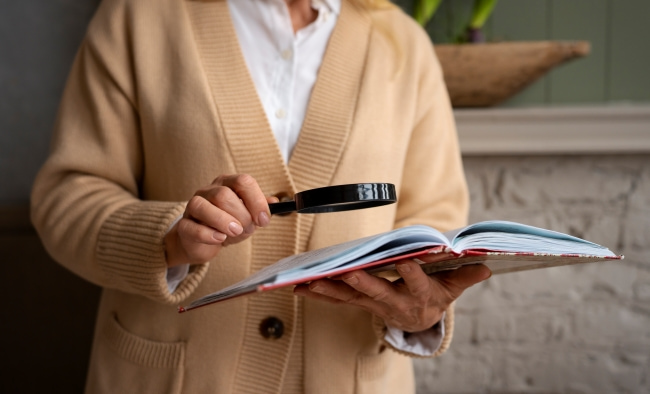 A woman holding a magnifying glass over a book while standing against a wall.