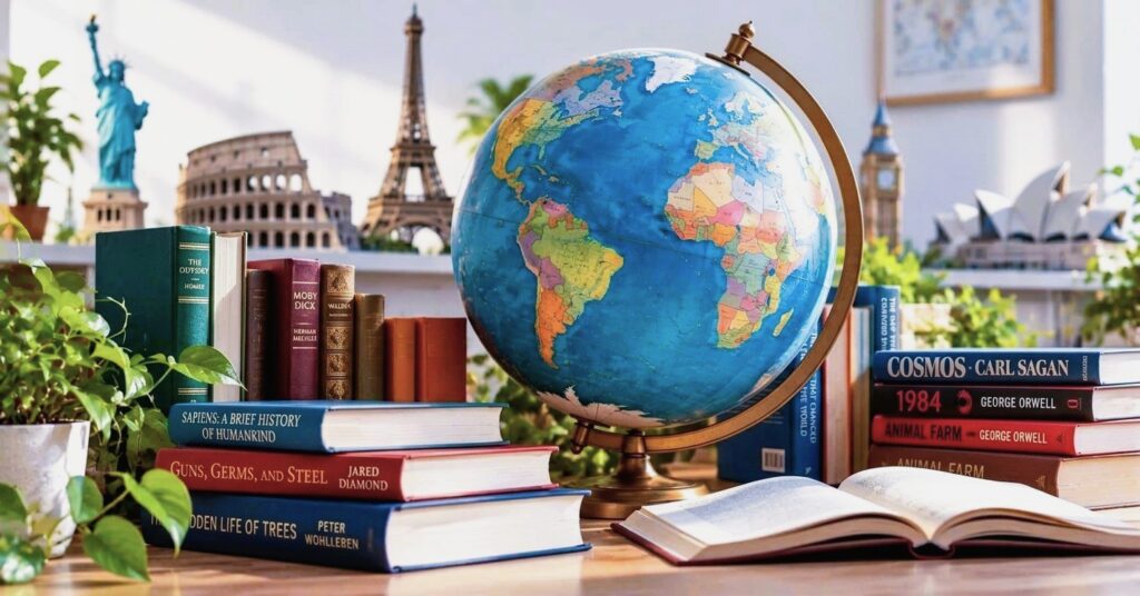 An editorial illustration combining colorful books with a globe, representing fairs held in different countries.