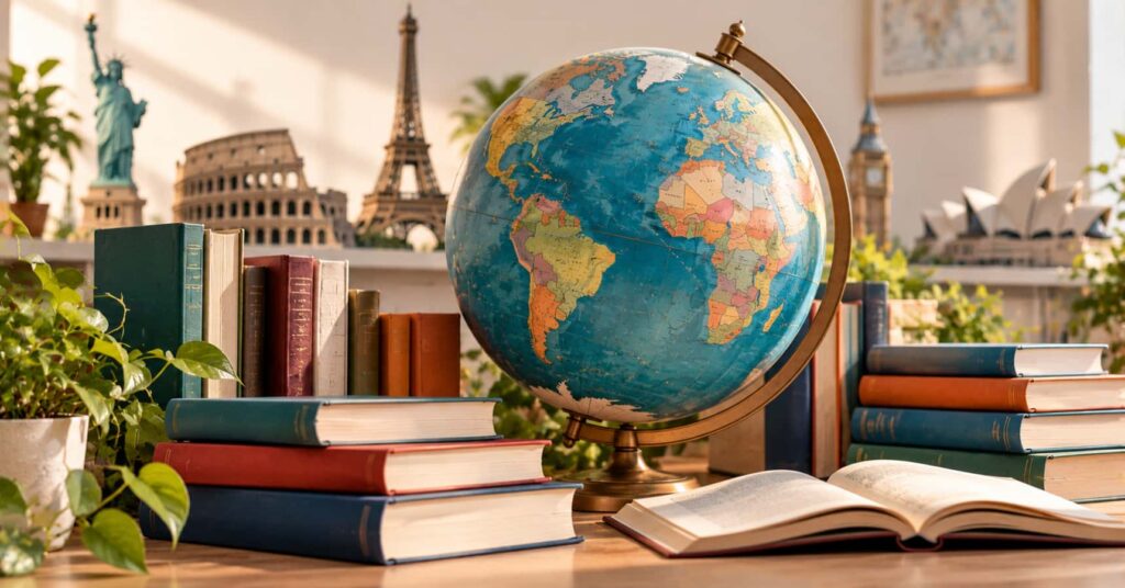 An editorial illustration combining colorful books with a globe, representing fairs held in different countries.